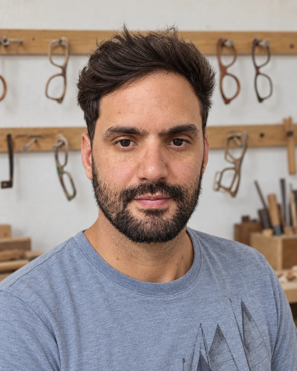 Natan Rodrigues diante de armações de óculos de madeira e ferramentas na oficina.